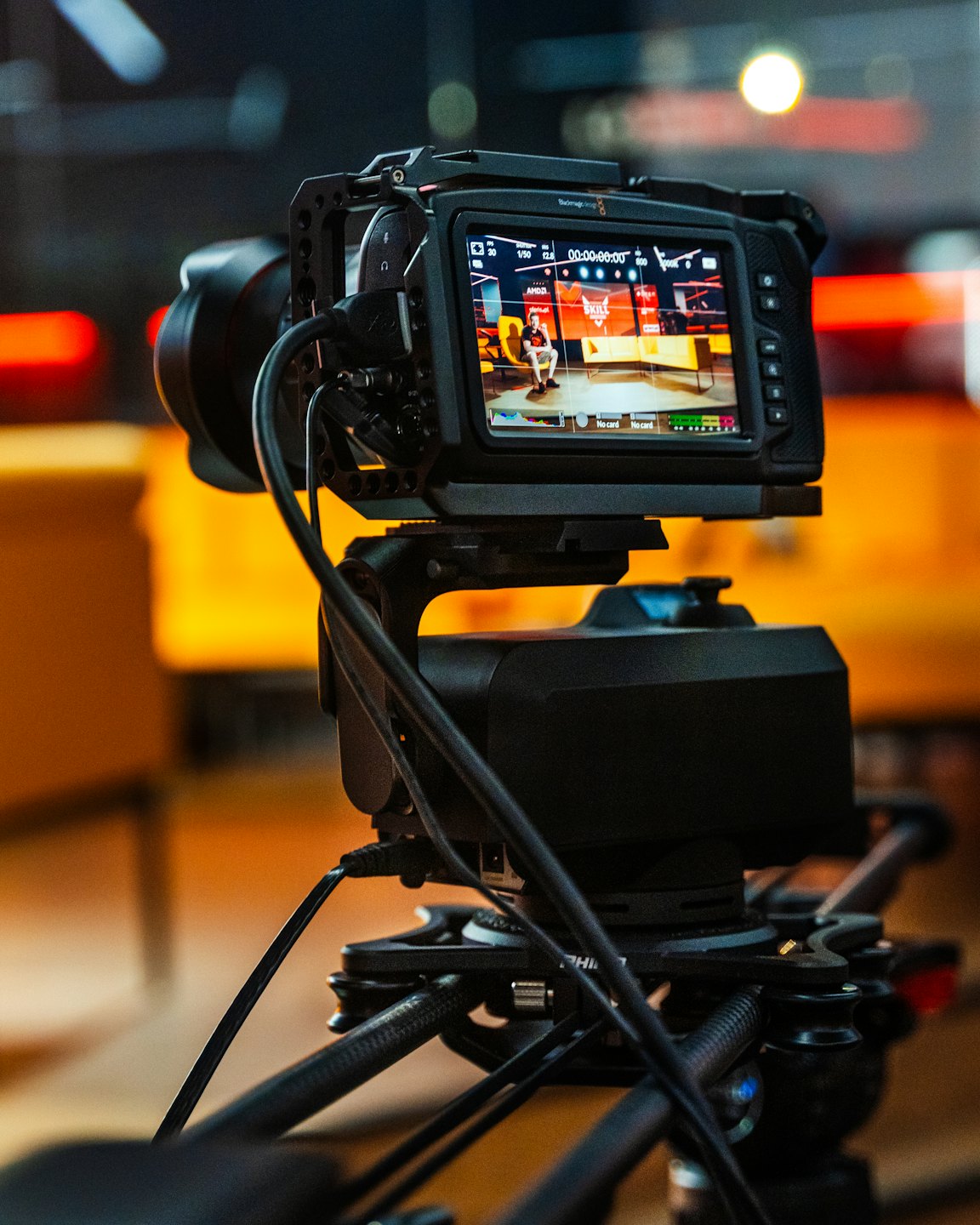 Professional video camera recording a live stream on set.